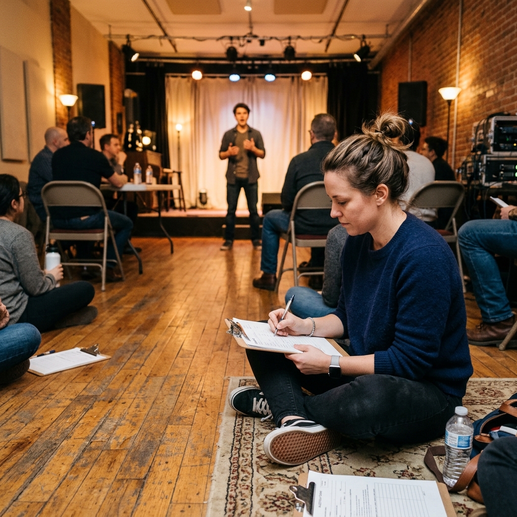 A studio manager sitting on the floor taking notes on a clipboard during an audition.