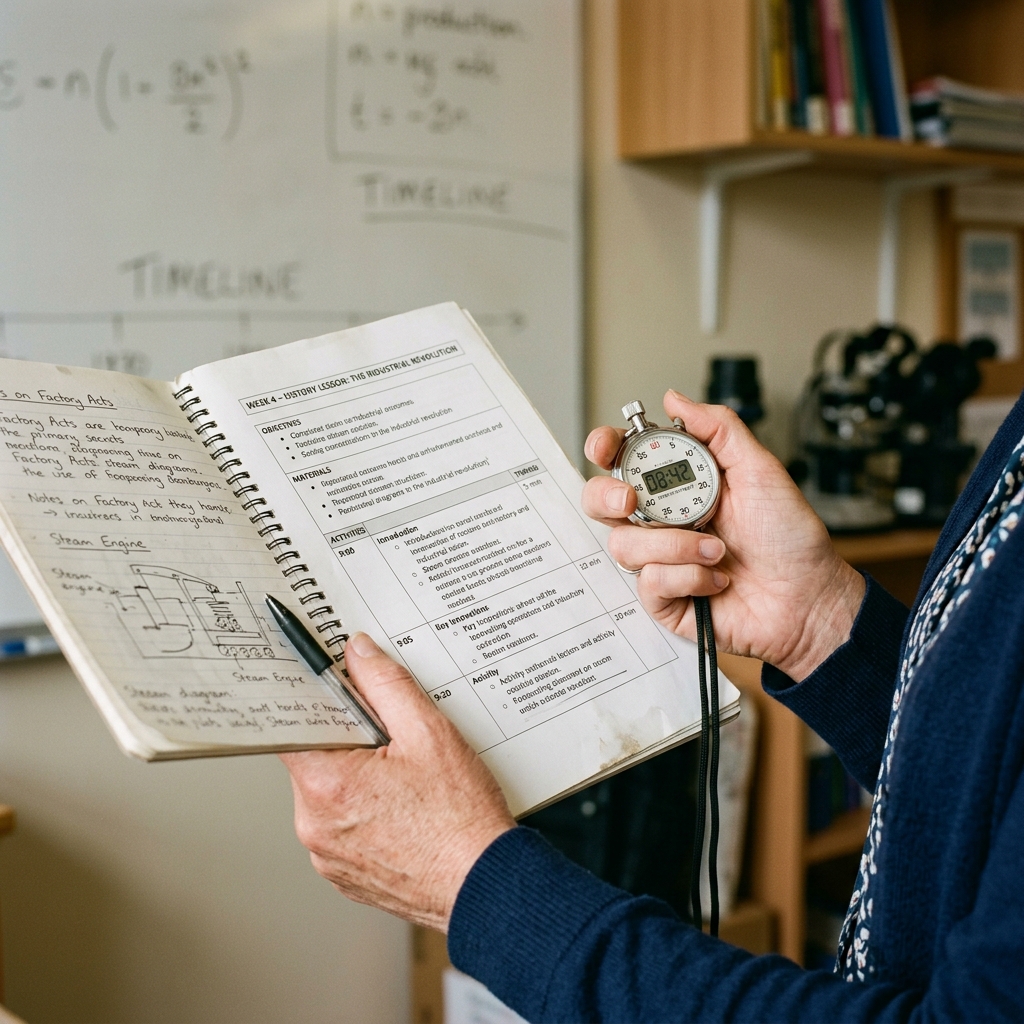 A close-up of a teacher hands holding a lesson outline and a stopwatch.