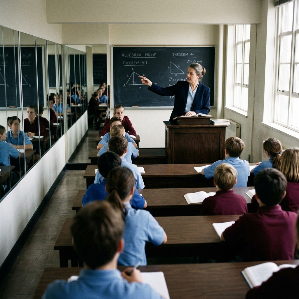 A teacher standing on a podium guiding the class, showing the strict alignment and mirrors.