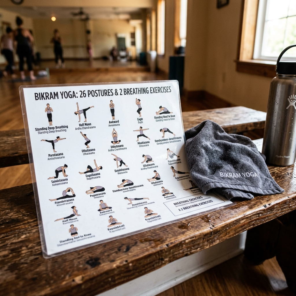 A close-up of the Bikram 26 postures sequence chart resting on a wooden bench next to a sweat towel.