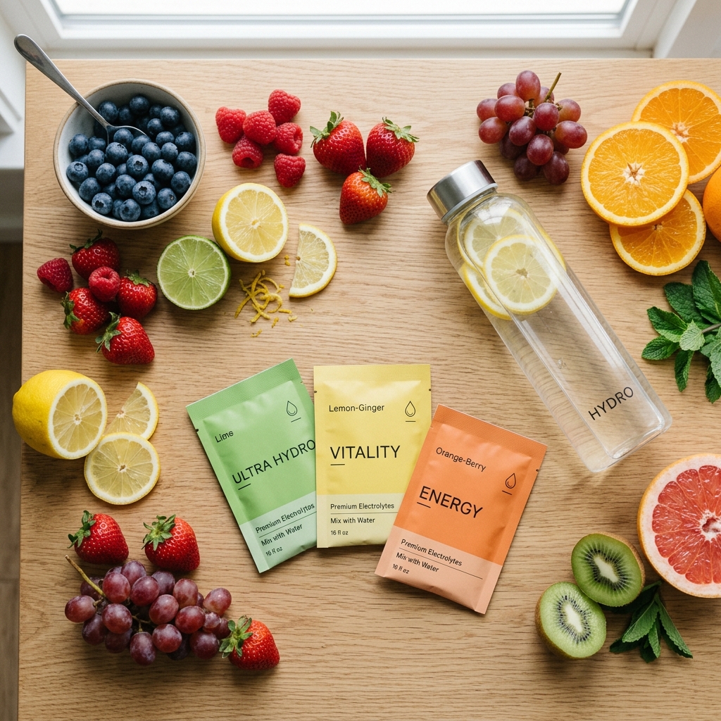 A flat lay of fresh fruits, electrolyte powders, and a water bottle.