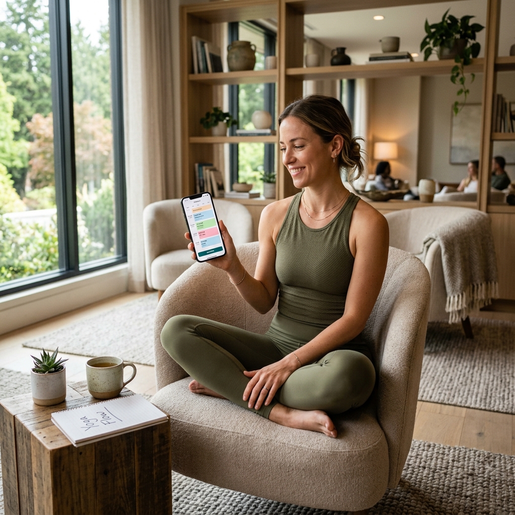 A yoga teacher checking her class schedule on a phone in a relaxing lounge.