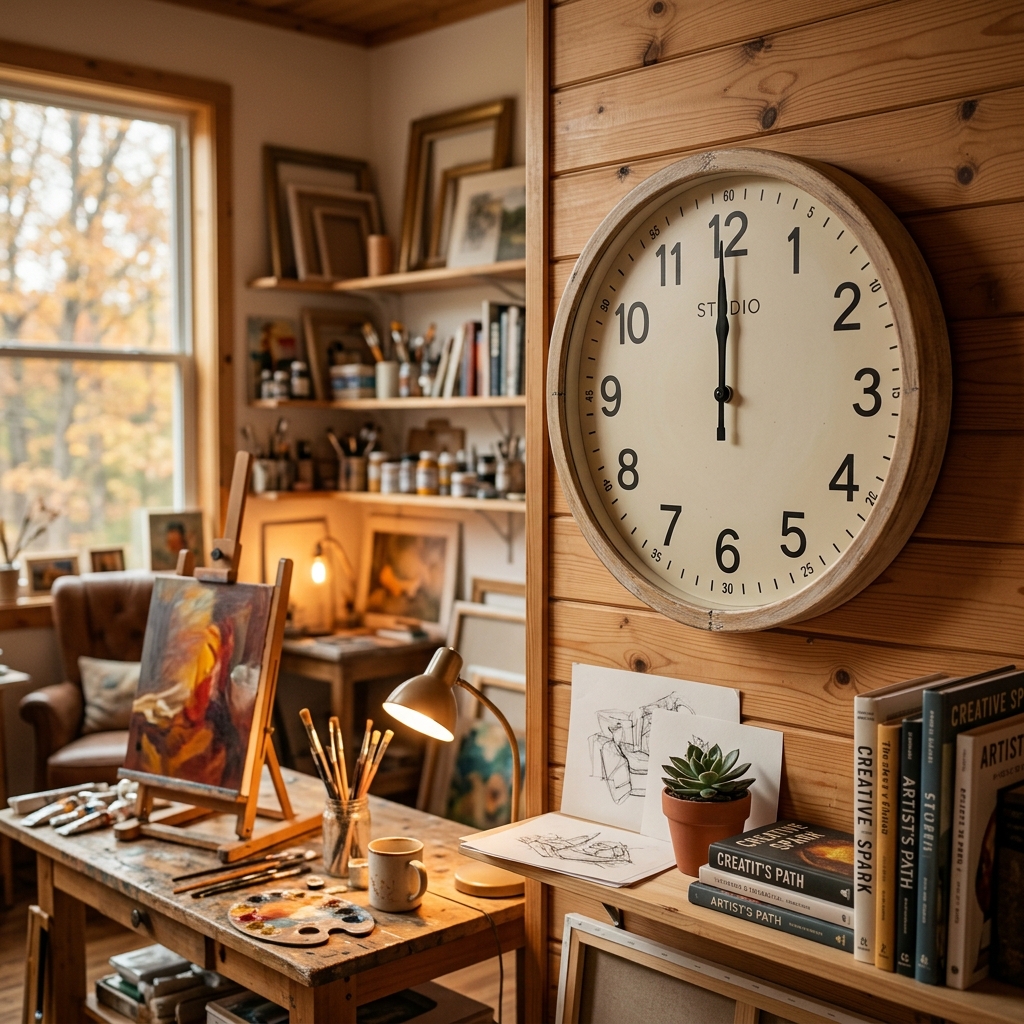 A round wall clock in the studio showing exactly 60 minutes, with the room warm and lit.