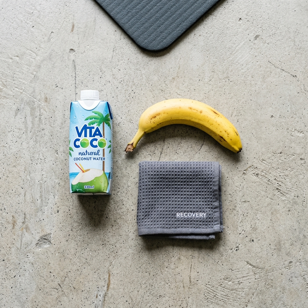 A flat lay of post-workout recovery items: coconut water, a banana, and a small towel.