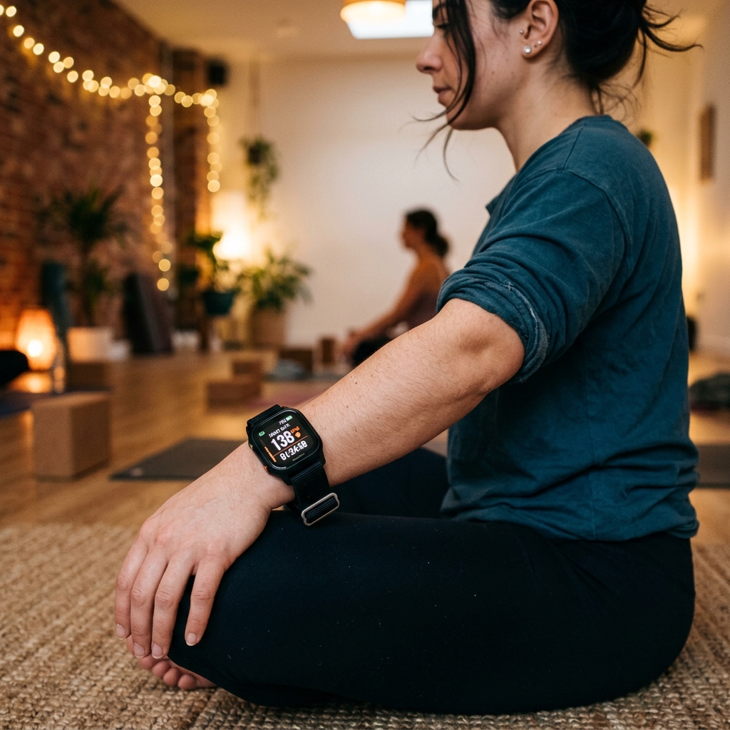 A close-up of a digital heart rate monitor strapped to a practitioner arm, glowing in the warm studio.