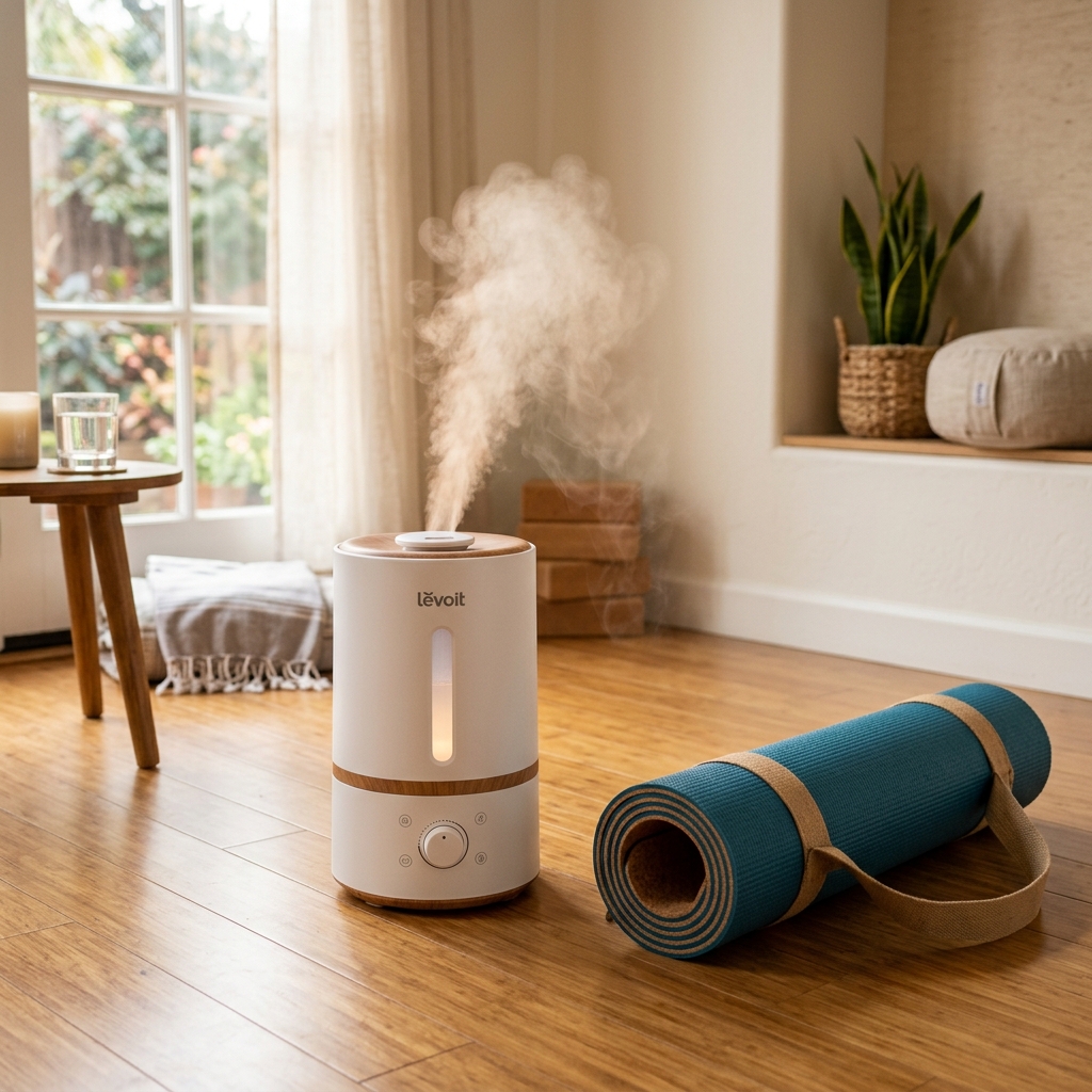 A warm-mist humidifier standing next to a rolled-up yoga mat.