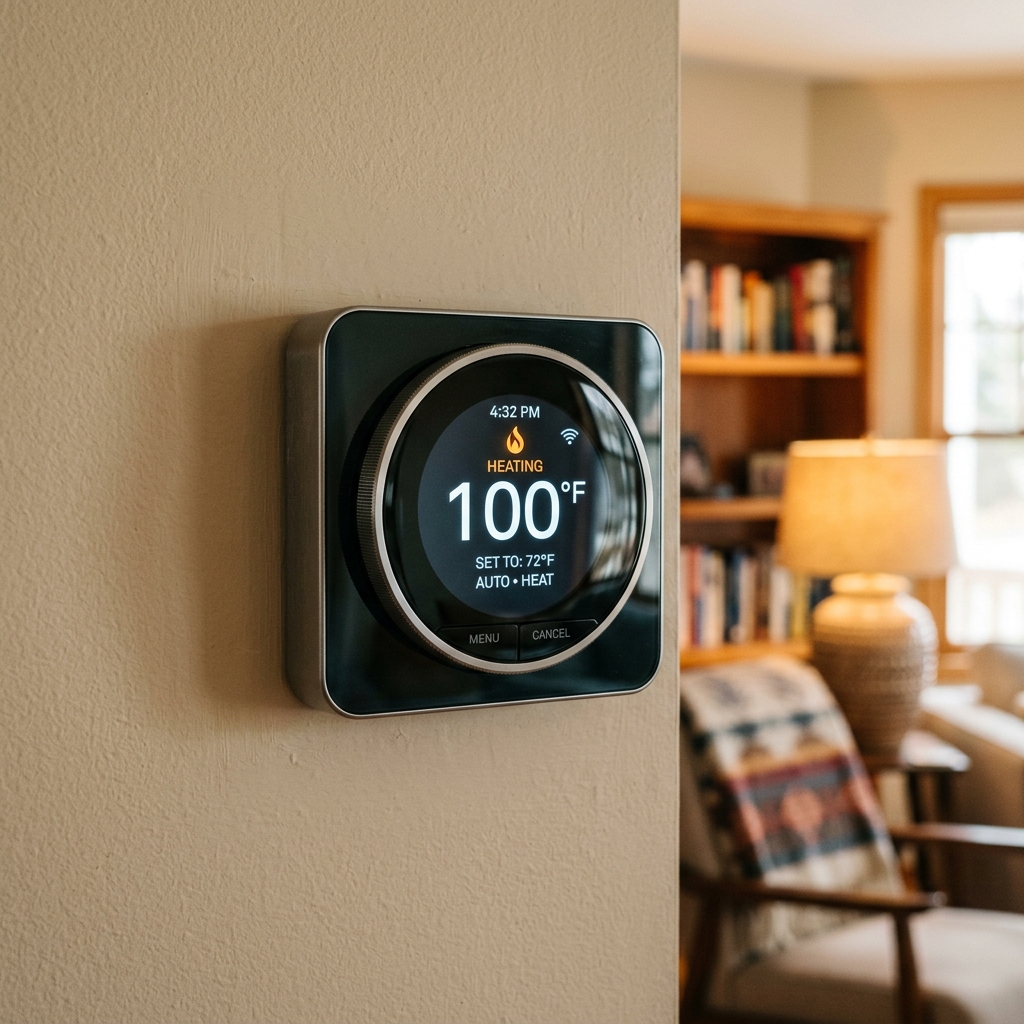 A close-up of a digital thermostat displaying 100 degrees Fahrenheit.