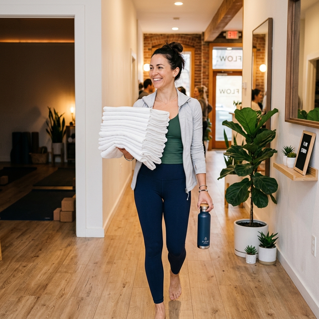A yoga teacher carrying a stack of clean towels and a water flask through a studio corridor.