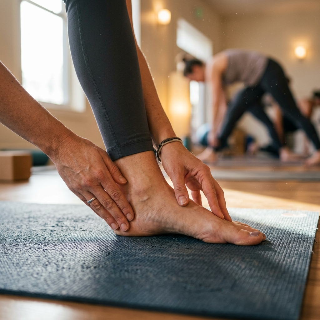 A teacher's hands adjusting a student's foot alignment on a yoga mat.