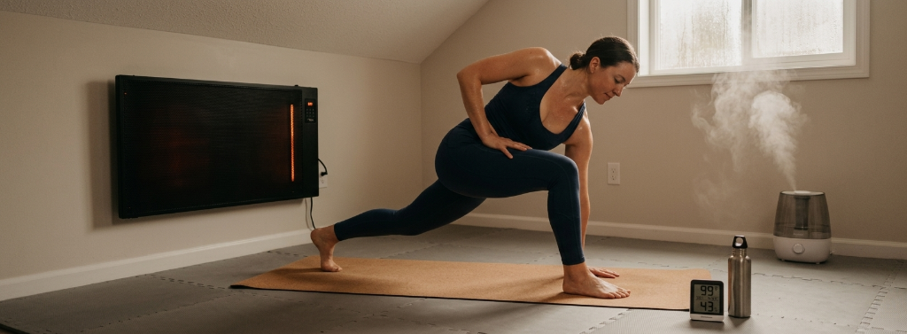 Practitioner practicing hot yoga at home in a room heated with an infrared heater, warm-mist humidifier, and digital thermometer