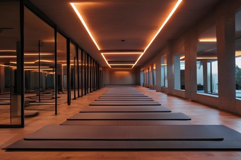 Atmospheric hot yoga class with warm lighting