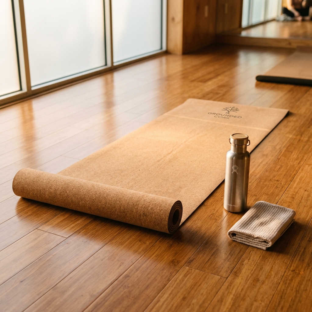 Clean cork yoga mat and water bottle on studio floor representing active recovery