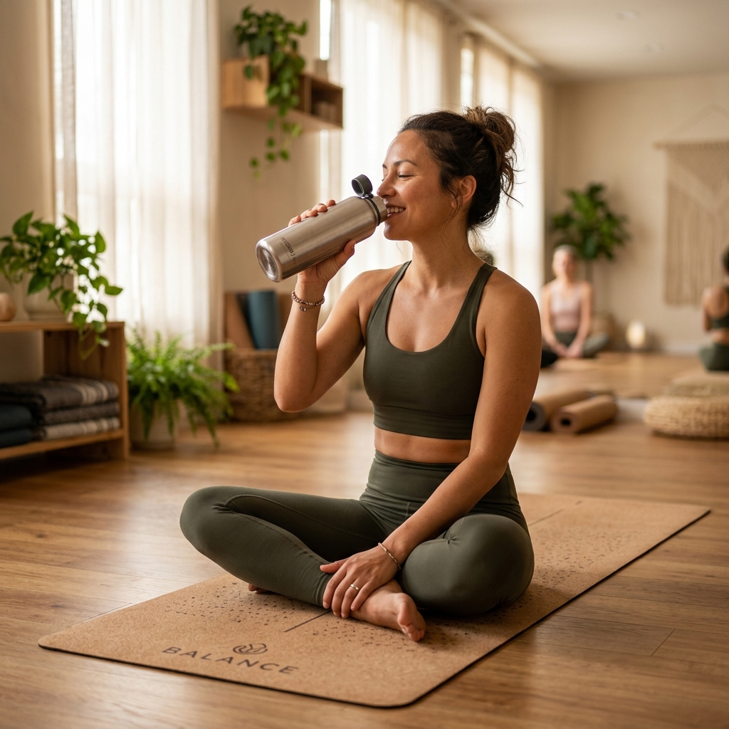 Taking a sip of water during hot yoga practice for hydration safety