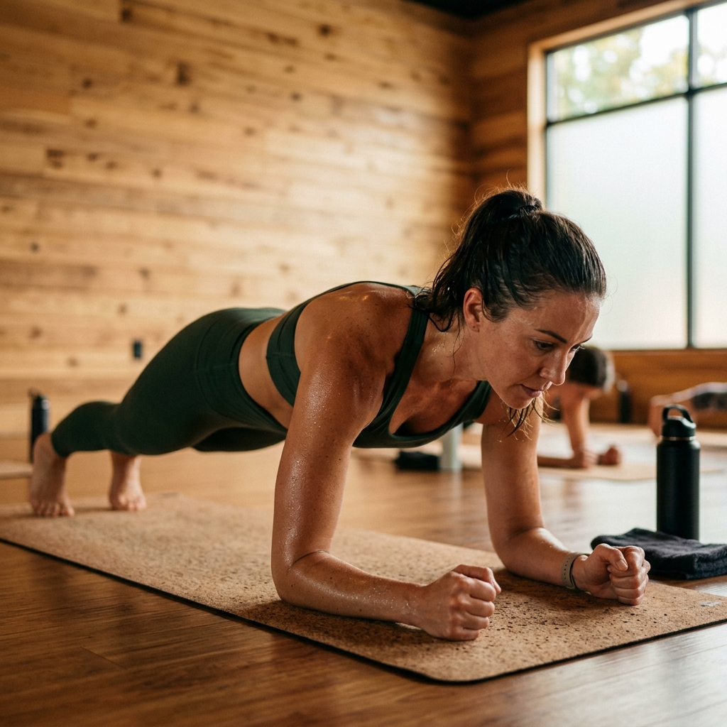 Active plank pose in hot yoga studio for body toning
