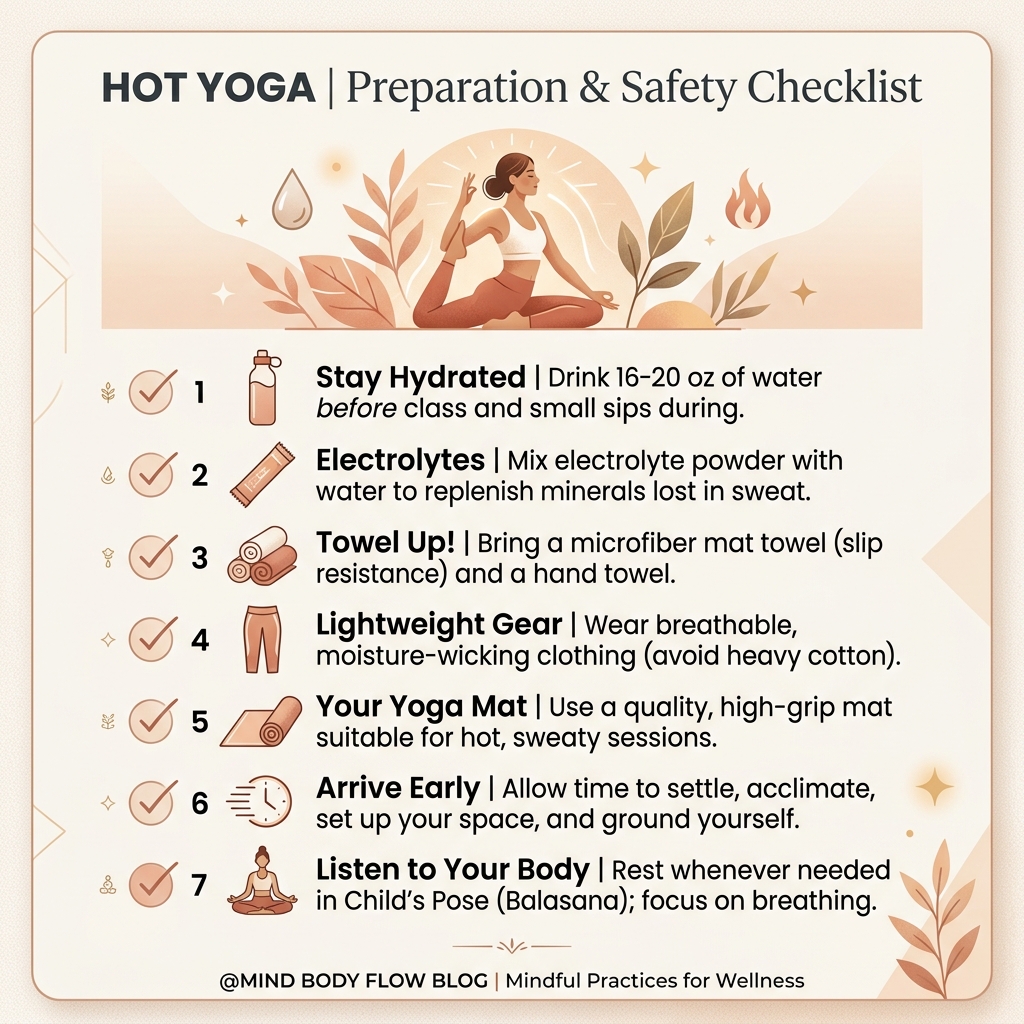Heated yoga class safety checklist and preparation guide graphic