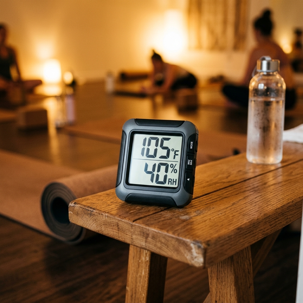 Digital hygrometer showing 105 degrees Fahrenheit in hot yoga studio