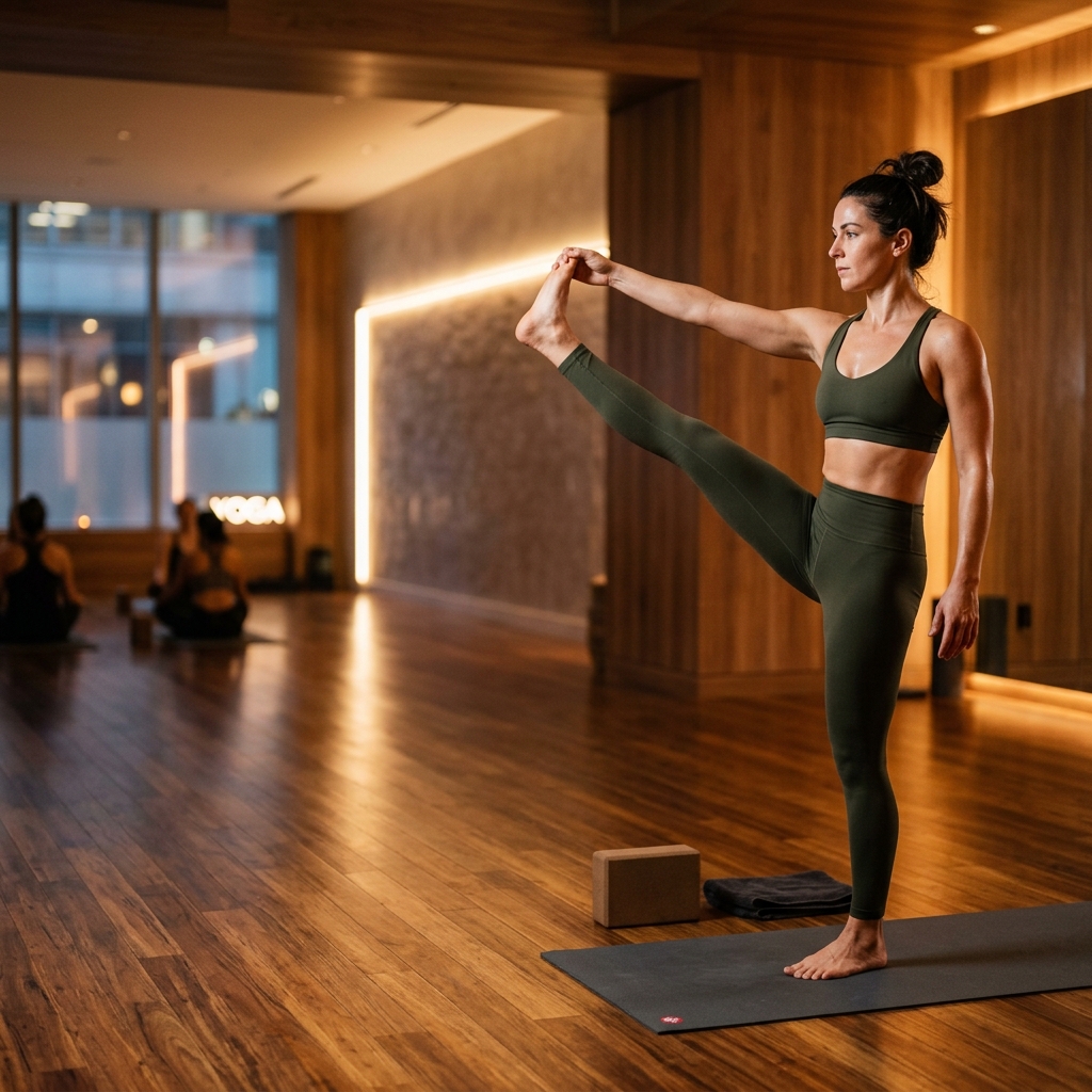 Hot yoga practitioner executing an advanced pose in a heated studio