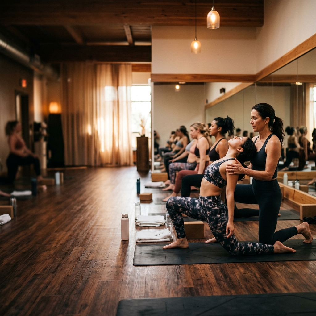Hot yoga teacher training certification class with instructor and students