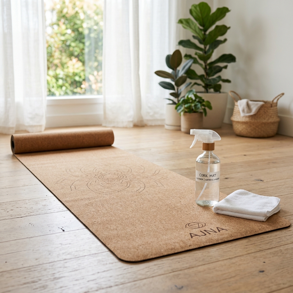 Clean cork yoga mat with spray bottle and cloth
