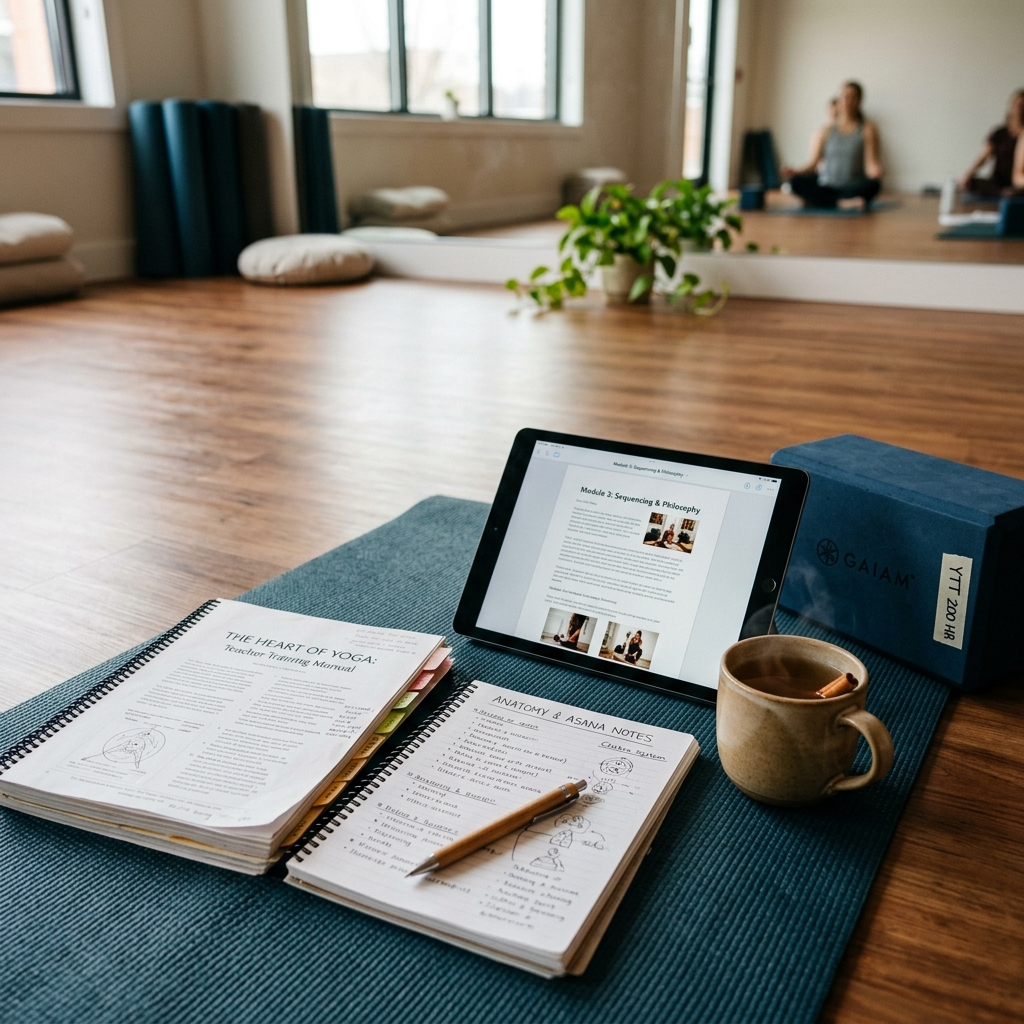 Close-up of hot yoga teacher training manuals, notebooks, and a digital tablet resting on a cork mat next to a cup of hot tea.