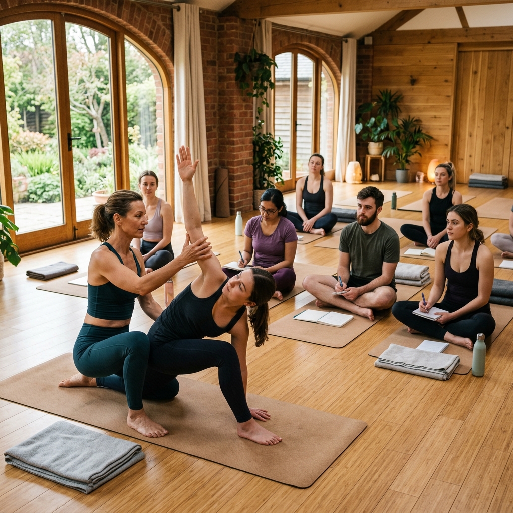 An experienced master instructor demonstrating alignment to class trainees in a warm, atmospheric studio space.