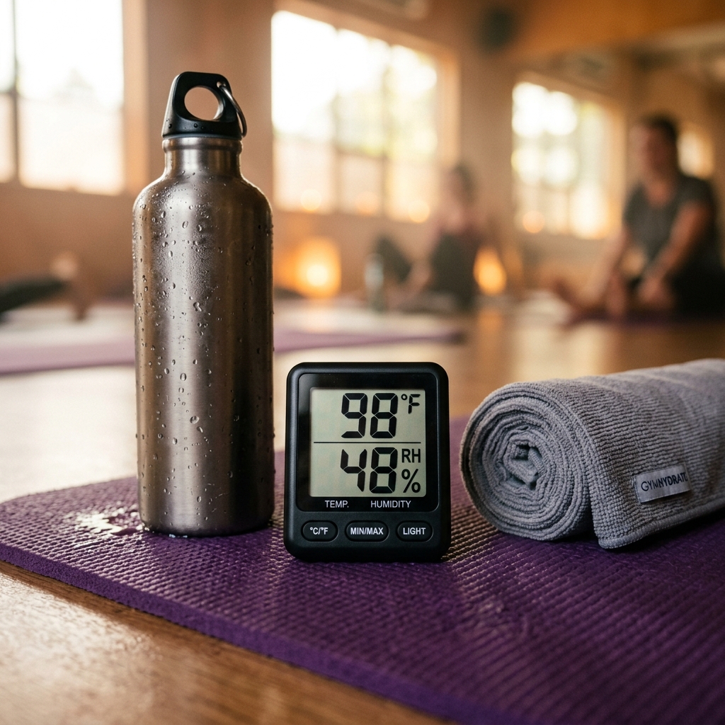 Modern digital hygrometer showing 98 degrees and 48 percent relative humidity sitting on a purple yoga mat next to a water bottle