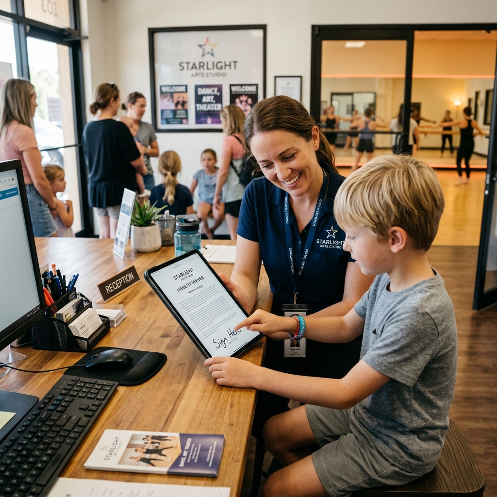 A teacher helping a student sign a digital liability waiver on a tablet at the studio reception desk.