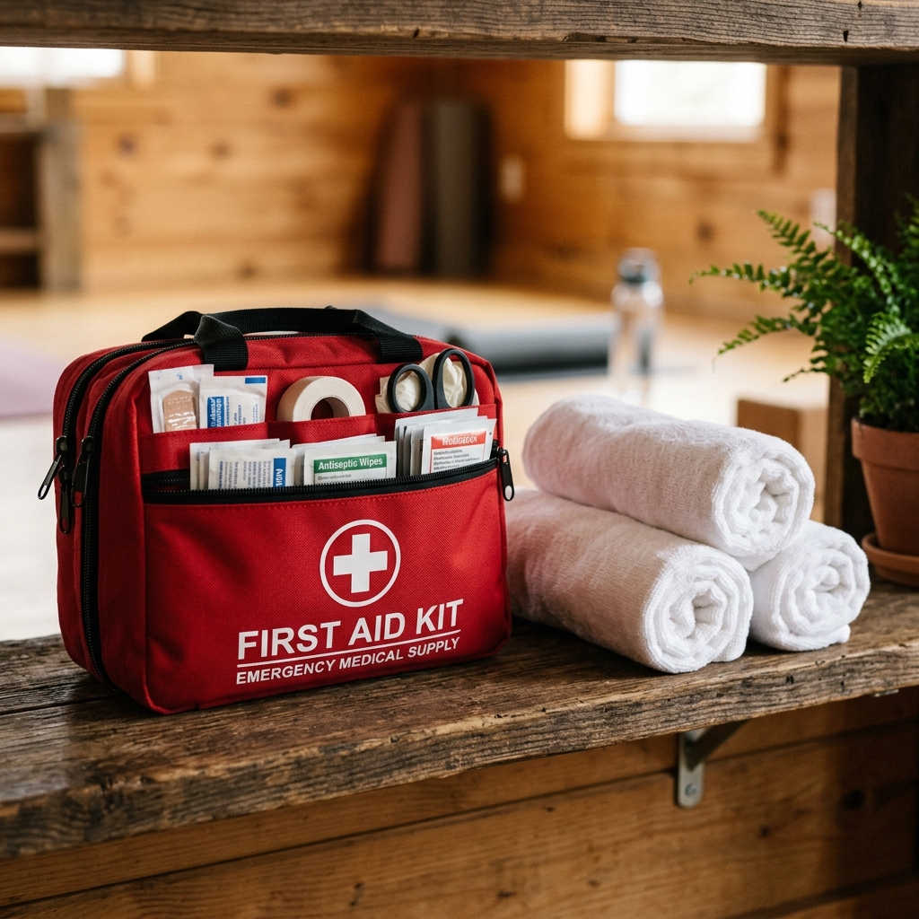 A close-up of a professional first-aid kit and clean rolled-up towels on a wooden shelf in a studio.