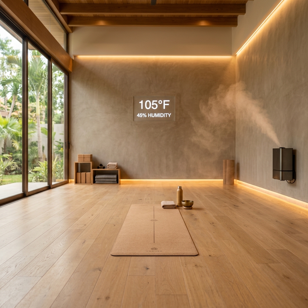 Luxury minimalist hot yoga studio interior with cork mat and wall-mounted digital display showing 105 degrees and 45 percent humidity