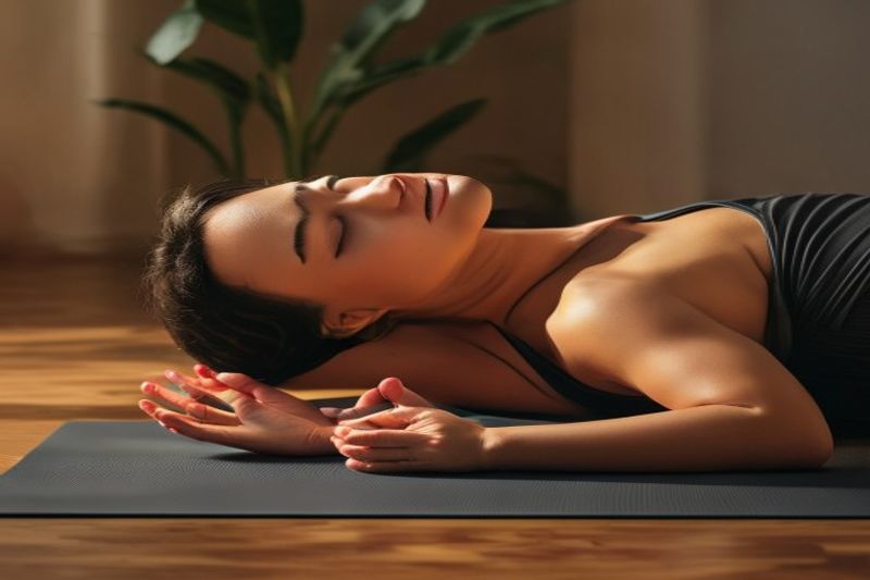 Atmospheric hot yoga class with warm lighting
