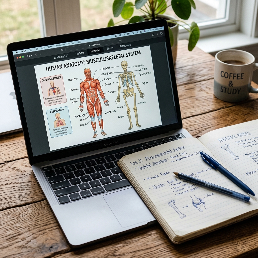 A close-up of a digital laptop screen displaying a human anatomy diagram next to a notebook.