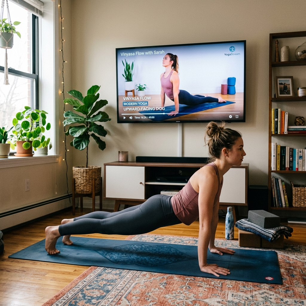 A practitioner practicing online vinyasa yoga at home in front of a smart TV.
