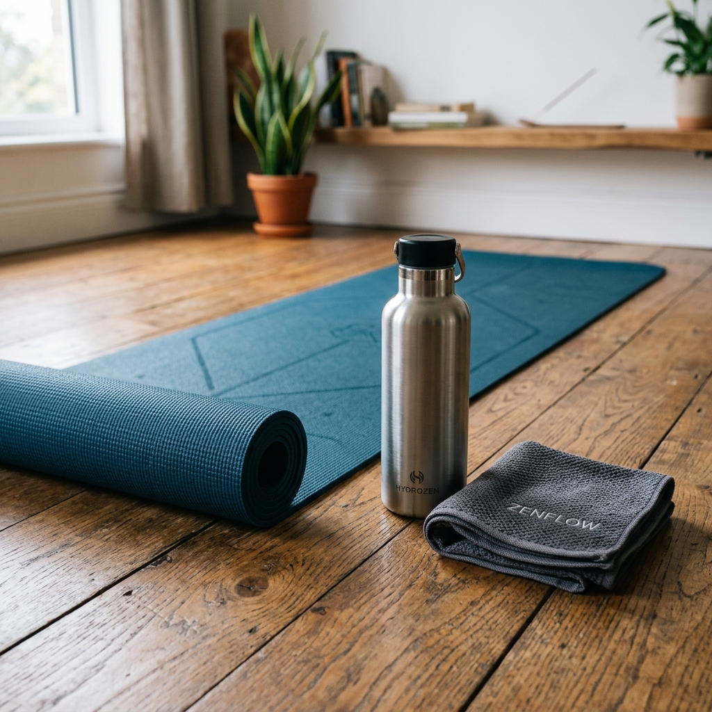 A stainless steel water bottle and a small sweat towel resting on a wooden floor next to a yoga mat.