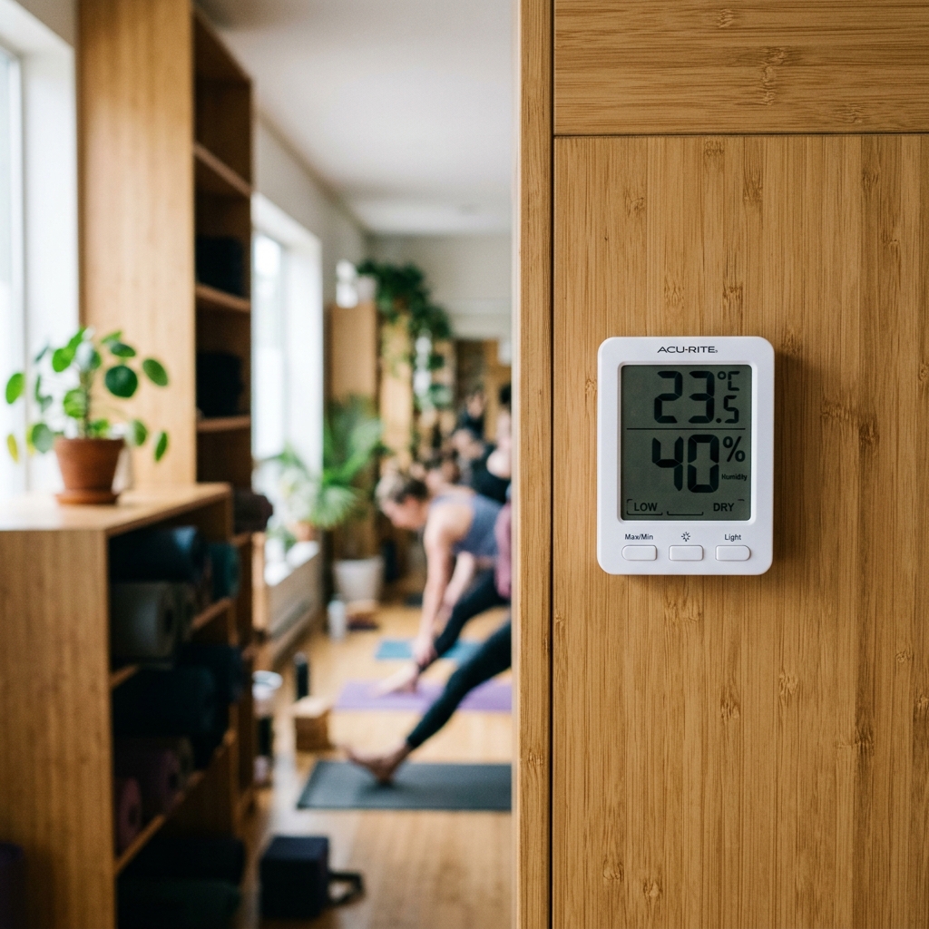 A close-up of a digital hygrometer on the wall of a yoga studio showing 40% humidity.