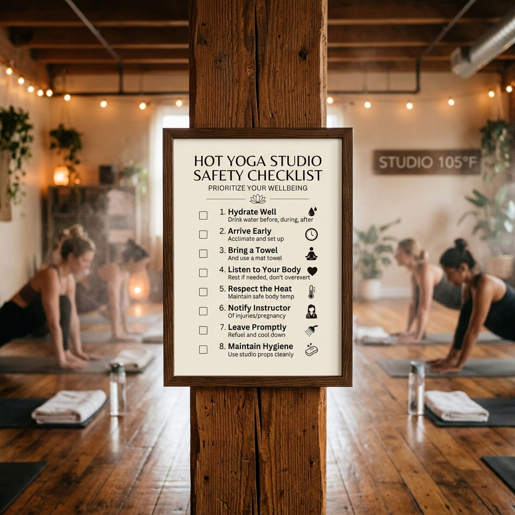 A safety checklist poster on a wooden studio pillar.