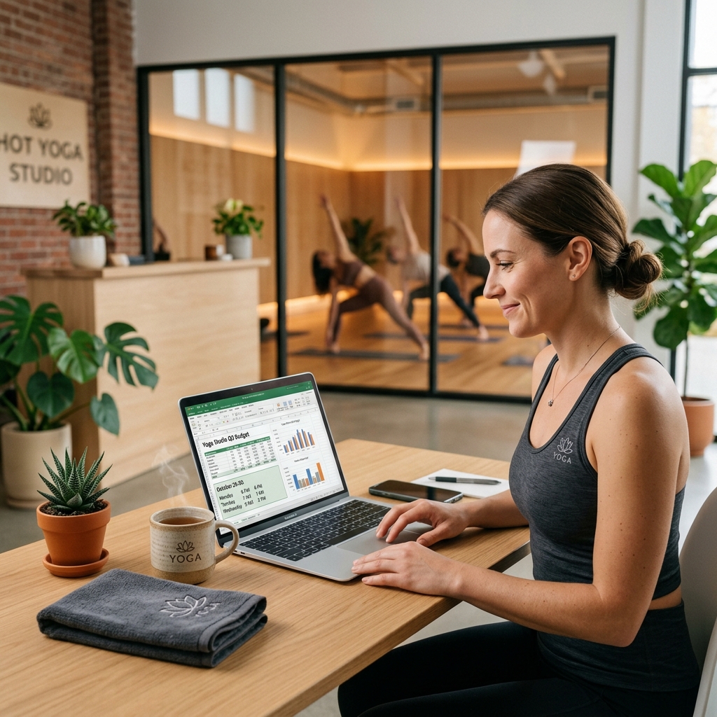 Hot yoga studio owner analyzing teacher pay spreadsheet on laptop