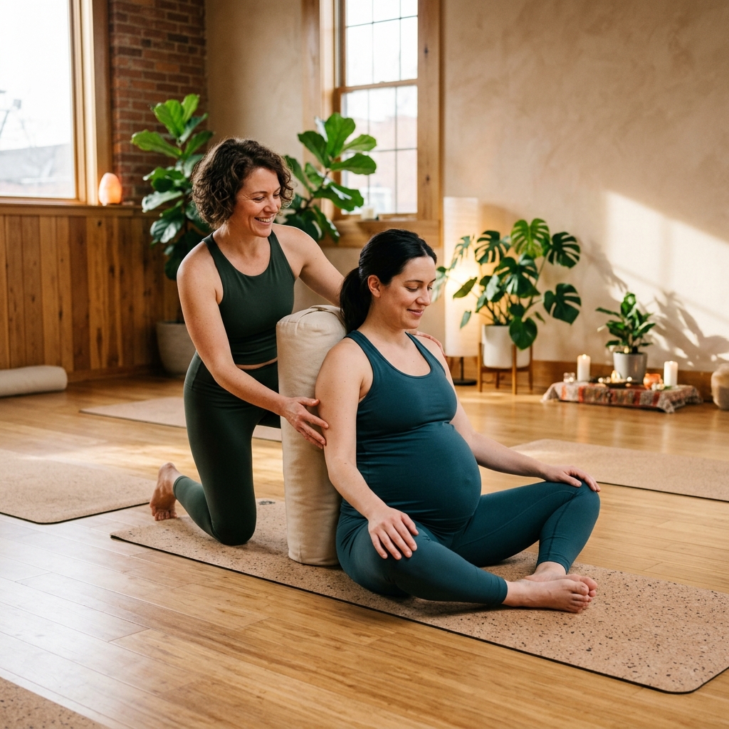 A pregnant student practicing a modified posture using a bolster for support, guided gently by an instructor.