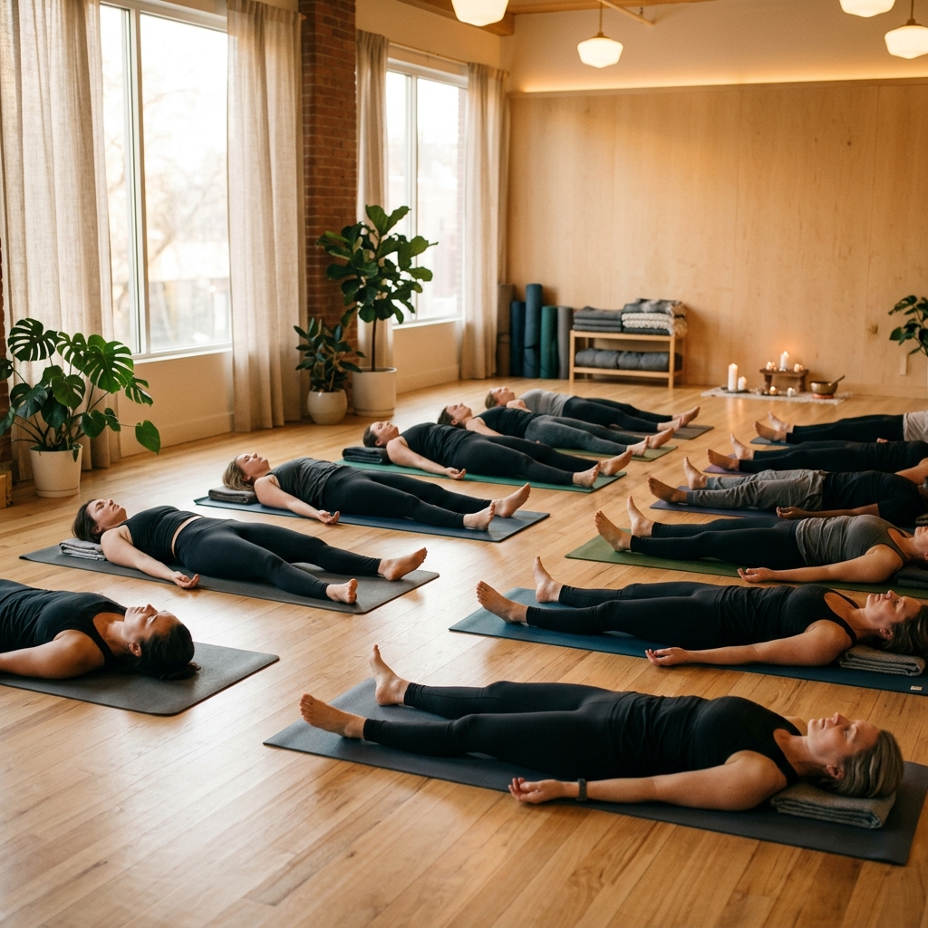 A group of students in Savasana under warm lighting.