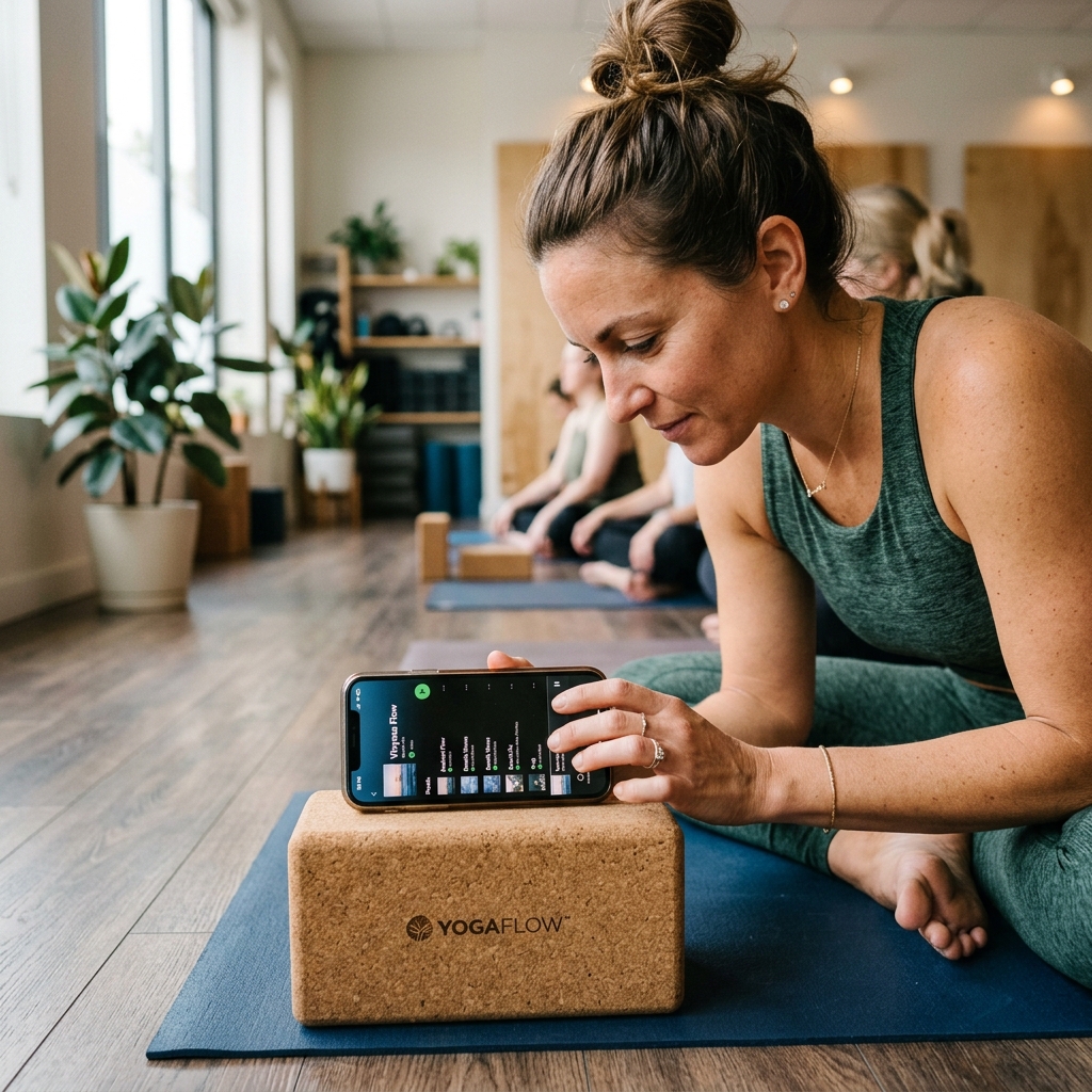 Close-up of a teacher selecting a playlist on a smartphone resting on a cork block.