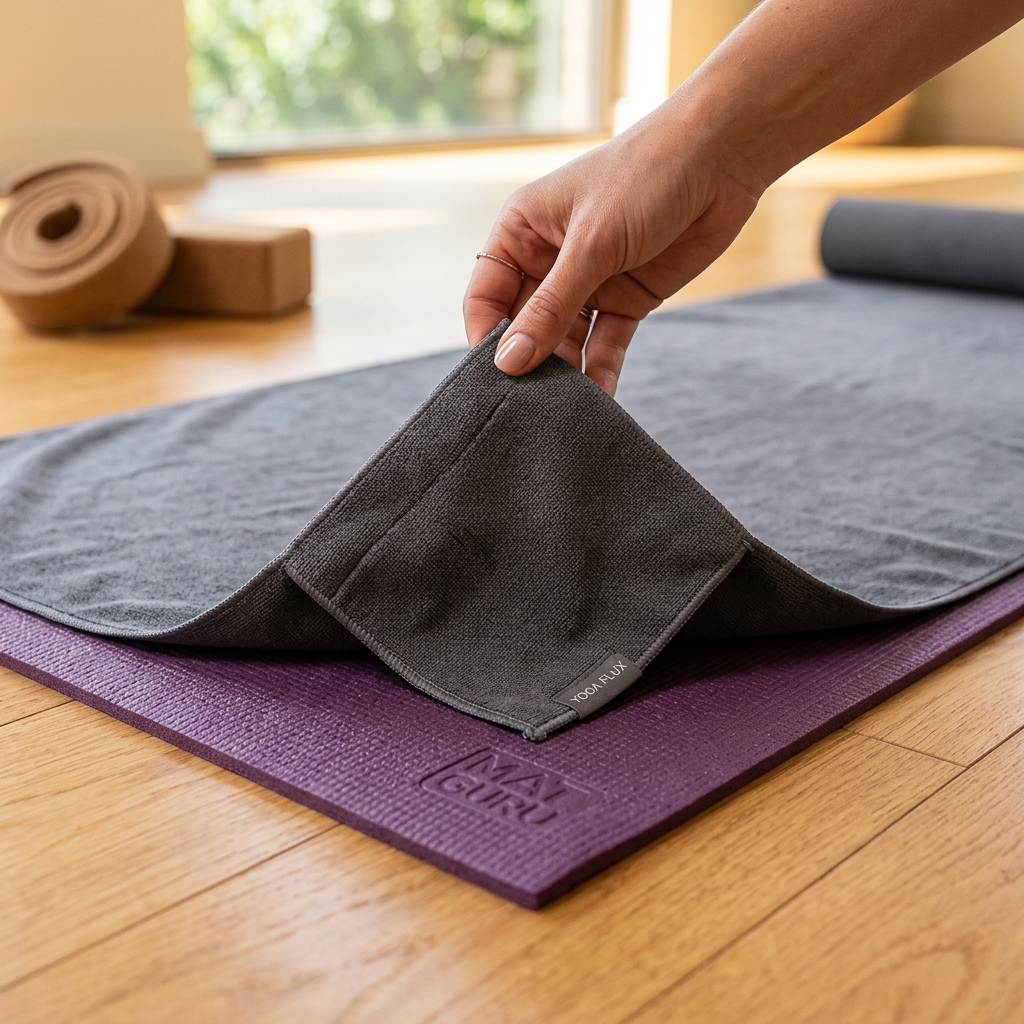 Detailed view of the corner pocket anchor system on a hot yoga towel