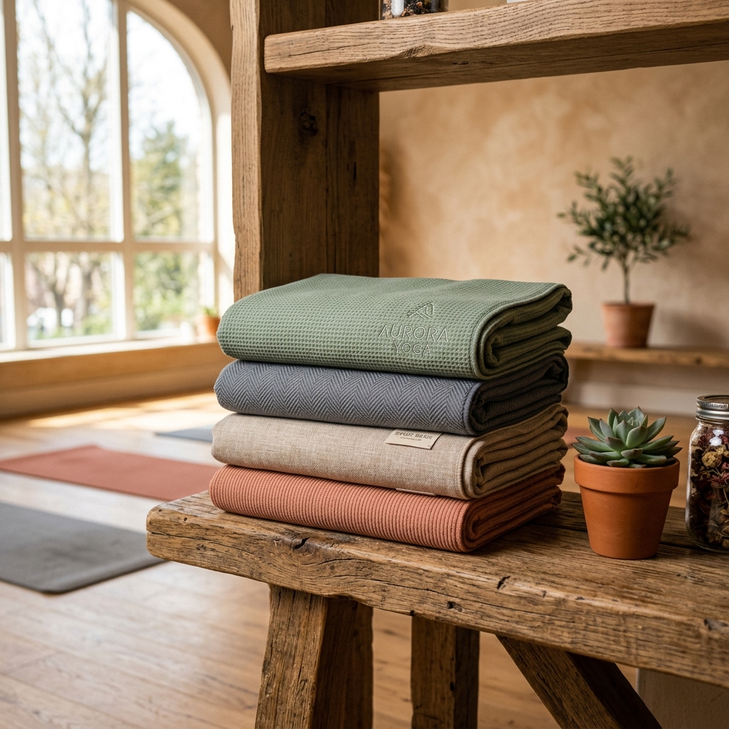Textured stacks of folded hot yoga towels showing different fabric styles