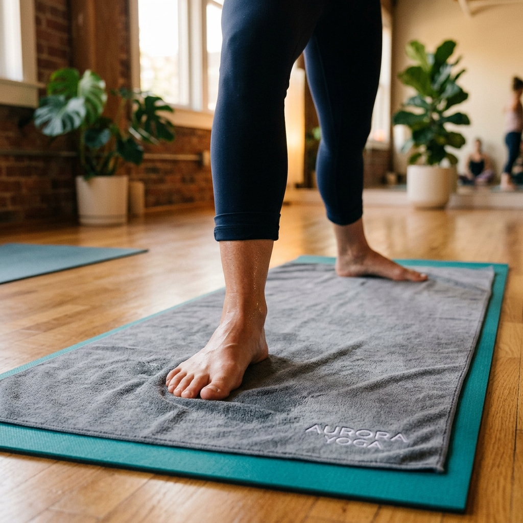 Bare feet in stable stance on microfiber hot yoga towel laid over mat