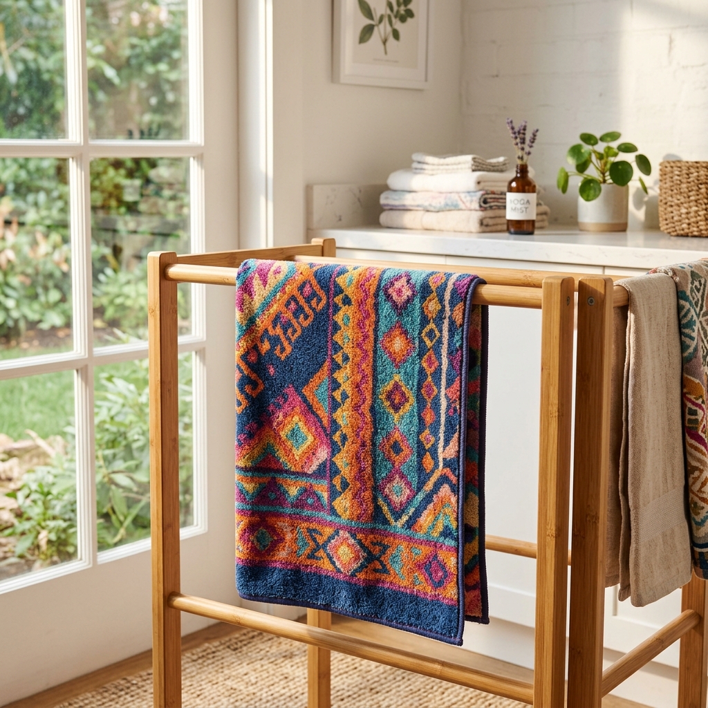 Microfiber hot yoga towel hanging on a drying rack in a sunny room