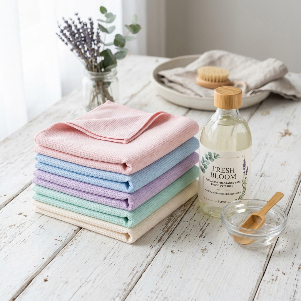 Clean folded hot yoga towels next to laundry detergent and vinegar