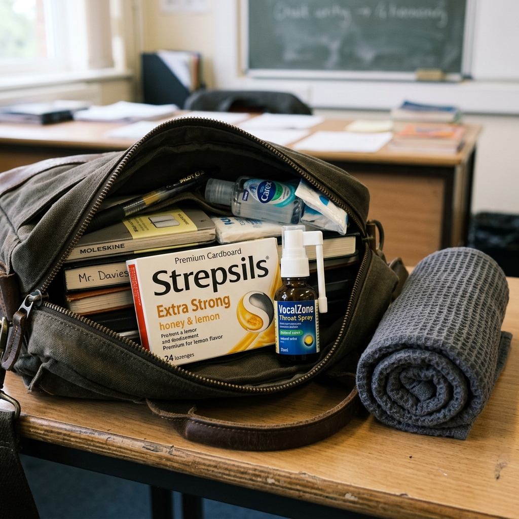 Close-up of throat lozenges and throat spray in a teacher