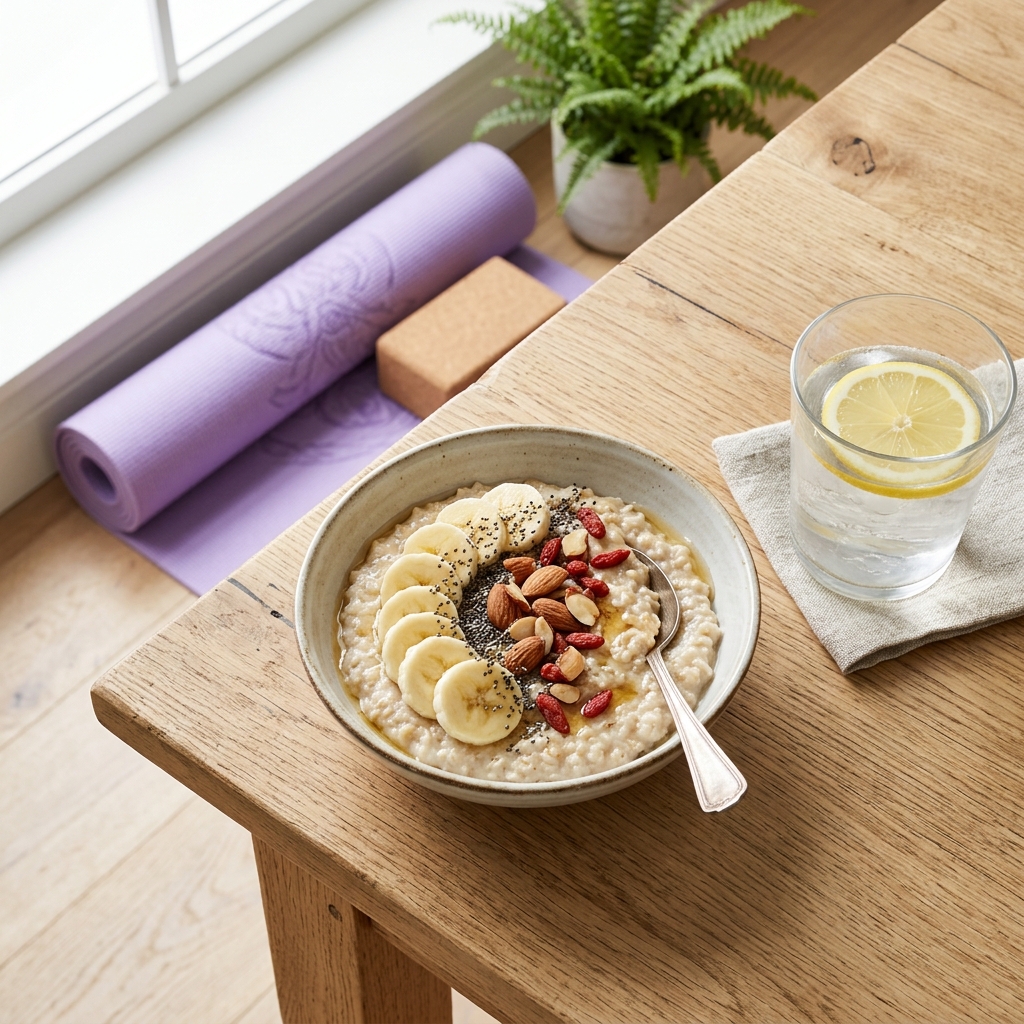 Healthy pre-yoga snack showing oatmeal, banana, and water