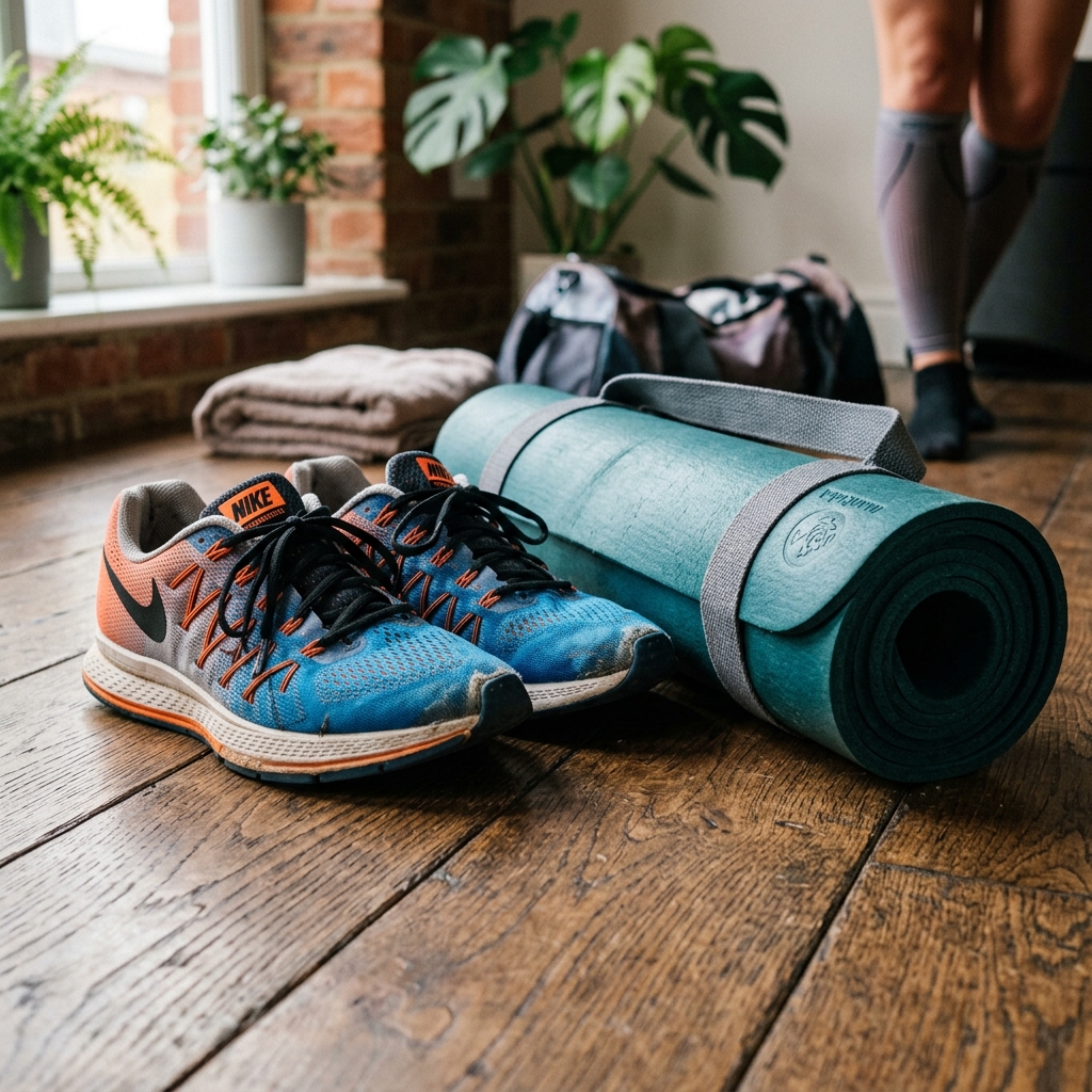 A close-up of athletic running shoes next to a rolled-up yoga mat.