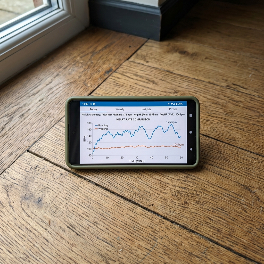 A heart rate comparison graph displayed on a phone screen lying on a wooden floor.