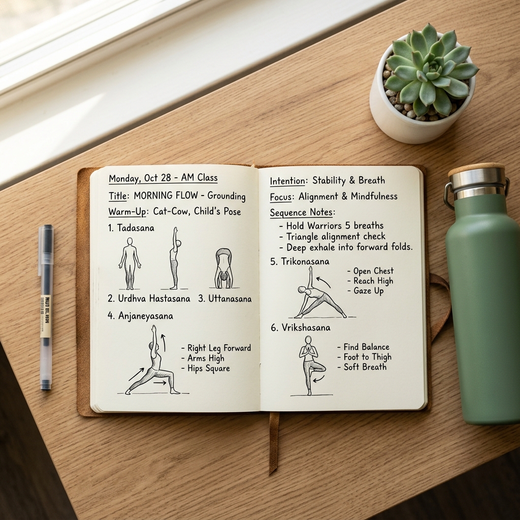 Overhead view of a yoga sequence notebook planner with hand-drawn posture diagrams and a water bottle