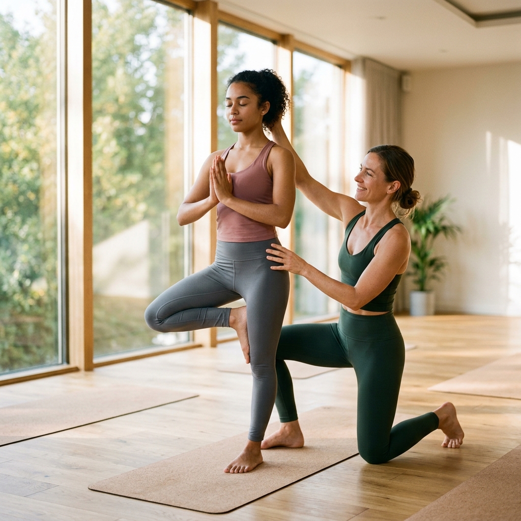 Yoga instructor assisting a student in a bright studio with alignment guidance